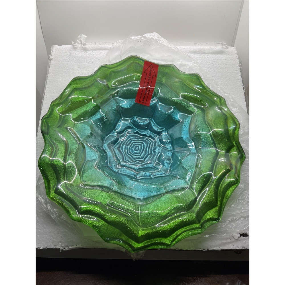 Outdoor Glass Bird Bath Garden Birdfeeder with Metal Stake Green Blue Ombre